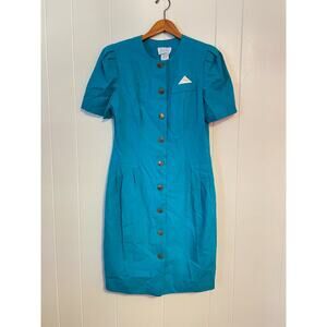 Vintage Peri Women Dress 12 Petite Teal Rayon Blend Pleated Secretary Preppy 80s